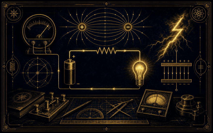Circuit, charges avec lignes de champ et éclair stylisé, en filets d'or et jaune électrique