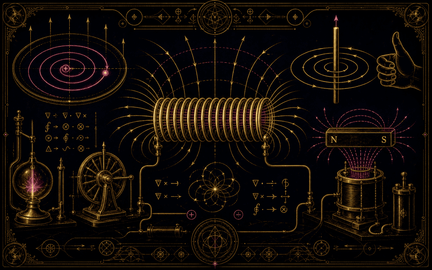 Bobine, charge en cyclotron et fil entouré de cercles de champ magnétique, en filets d'or et rose-magenta