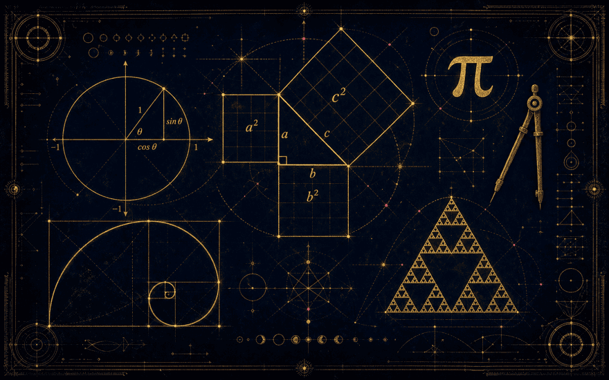 Triangle de Pythagore, cercle trigonométrique et spirale dorée gravés en filets d'or