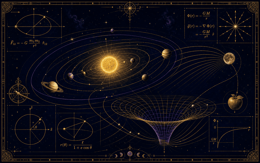 Soleil, orbites elliptiques de Kepler et puits de potentiel gravitationnel, en filets d'or