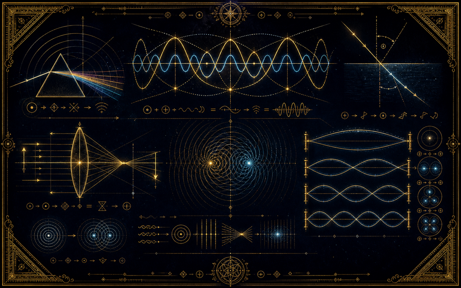 Ondes, interférences et réfraction gravées en filets d'or