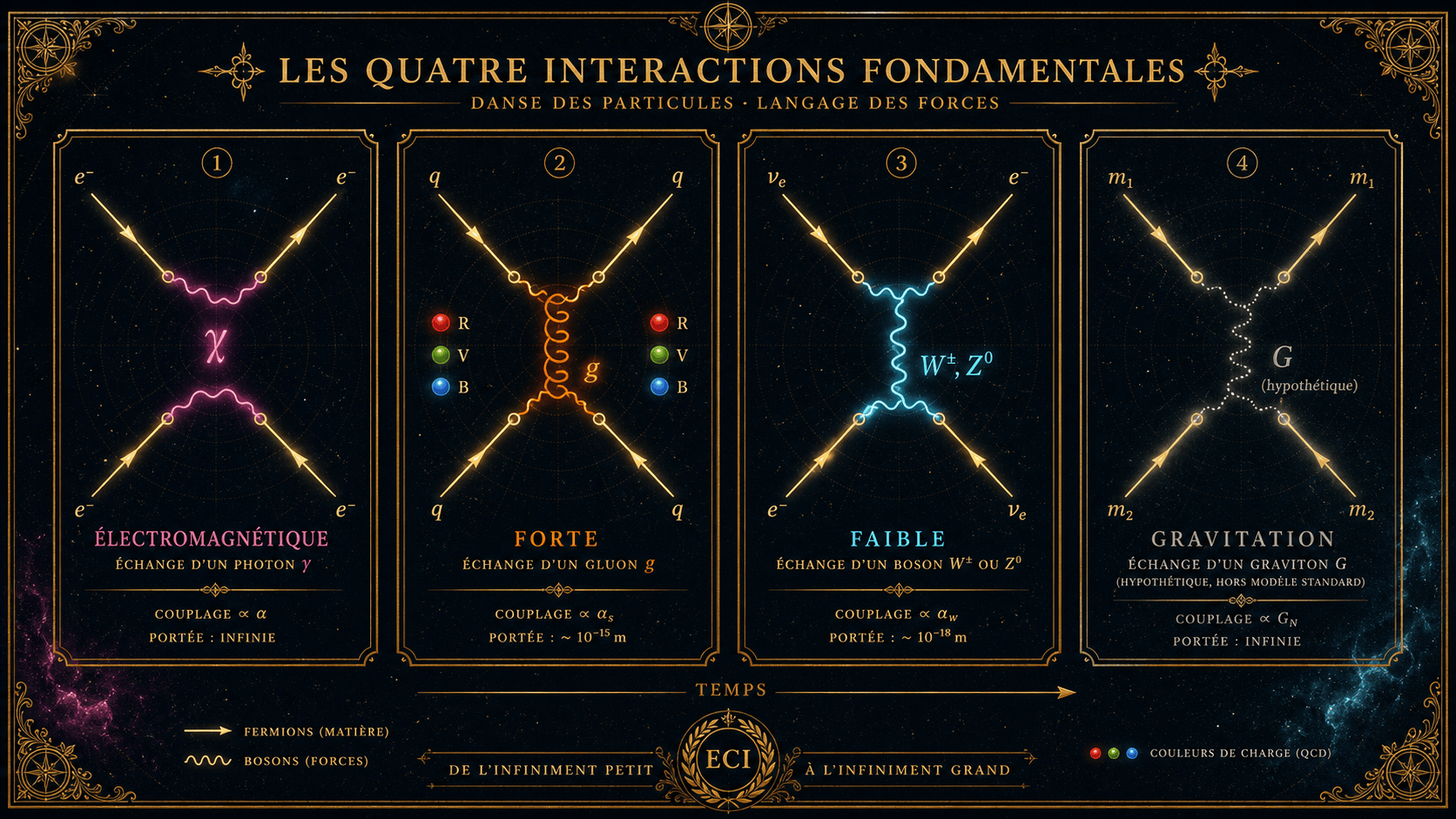 Diagrammes de Feynman des interactions : photon, gluon, bosons W et Z, et graviton hypothétique