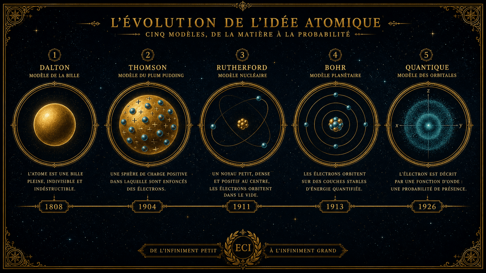L'évolution des modèles atomiques : Dalton, Thomson, Rutherford, Bohr, modèle quantique