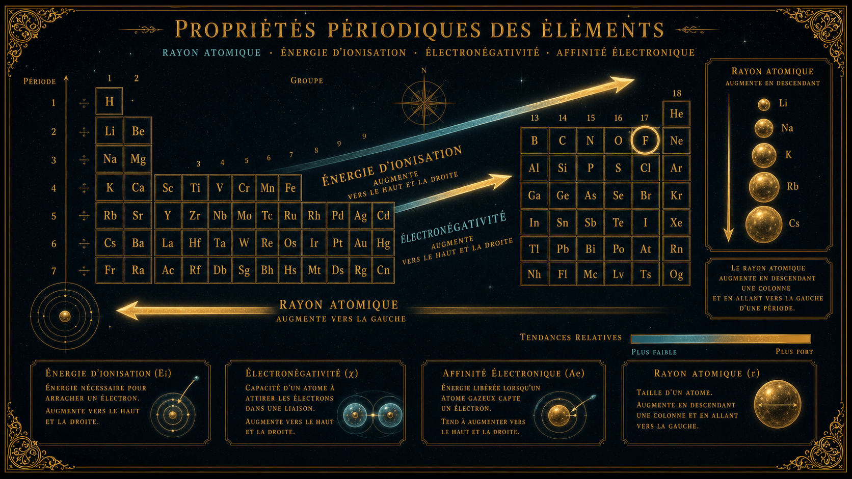 Tendances périodiques : rayon atomique, énergie d'ionisation, électronégativité, affinité électronique