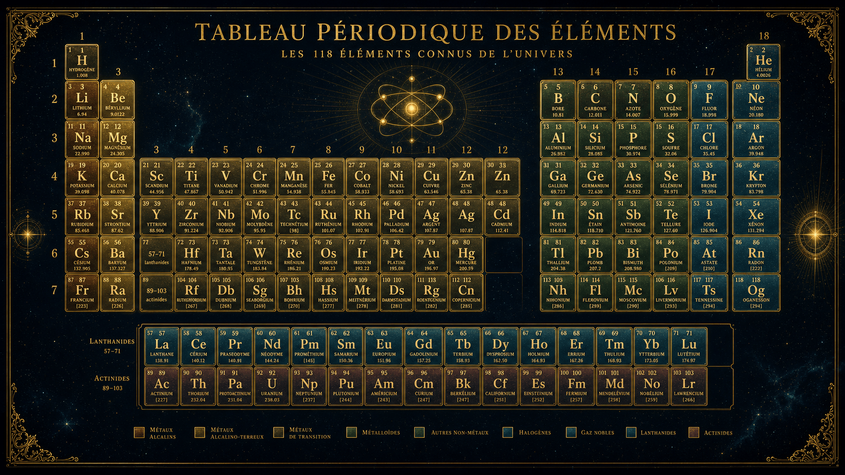 Le Tableau périodique complet des 118 éléments, sublimé en planche dorée