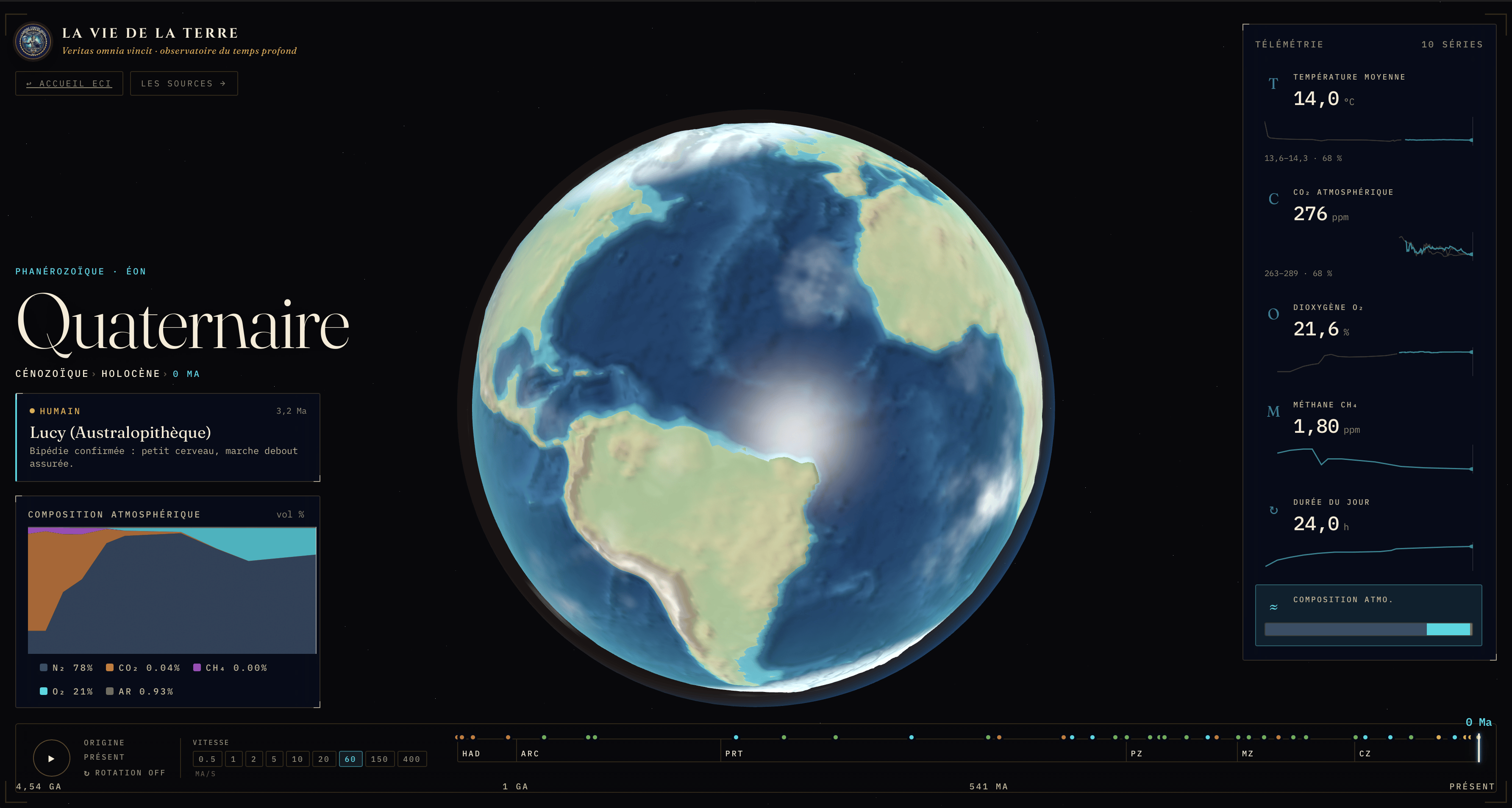 Capture de l'application La Vie de la Terre montrant le globe, la frise et les télémétries