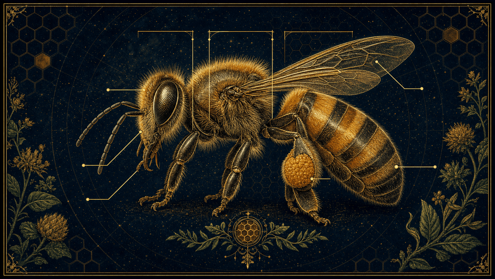 Planche anatomique codex d'une abeille : tête (antennes, yeux composés), thorax (ailes, corbeilles à pollen), abdomen.