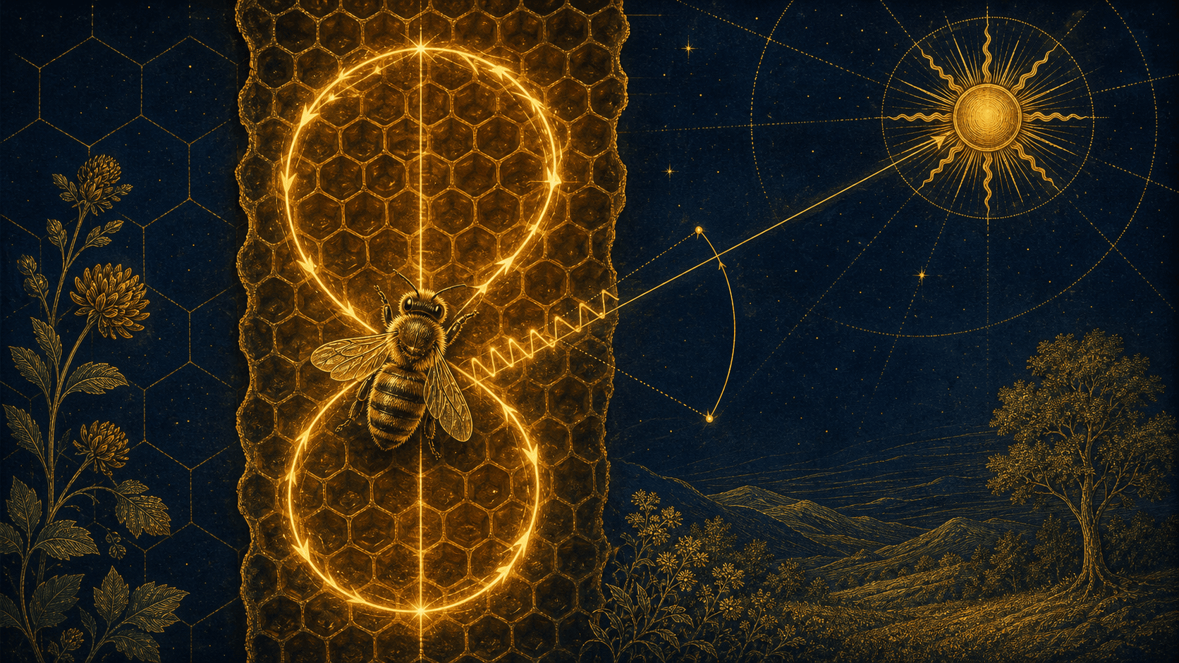 Diagramme codex de la danse en huit : une abeille sur un rayon vertical, l'angle de la course par rapport à la verticale et un motif de soleil.