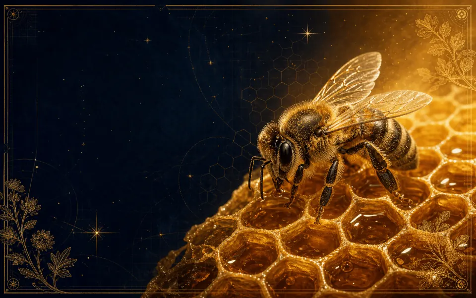 Une abeille (Apis mellifera) sur un rayon de miel hexagonal doré, planche d'histoire naturelle codex