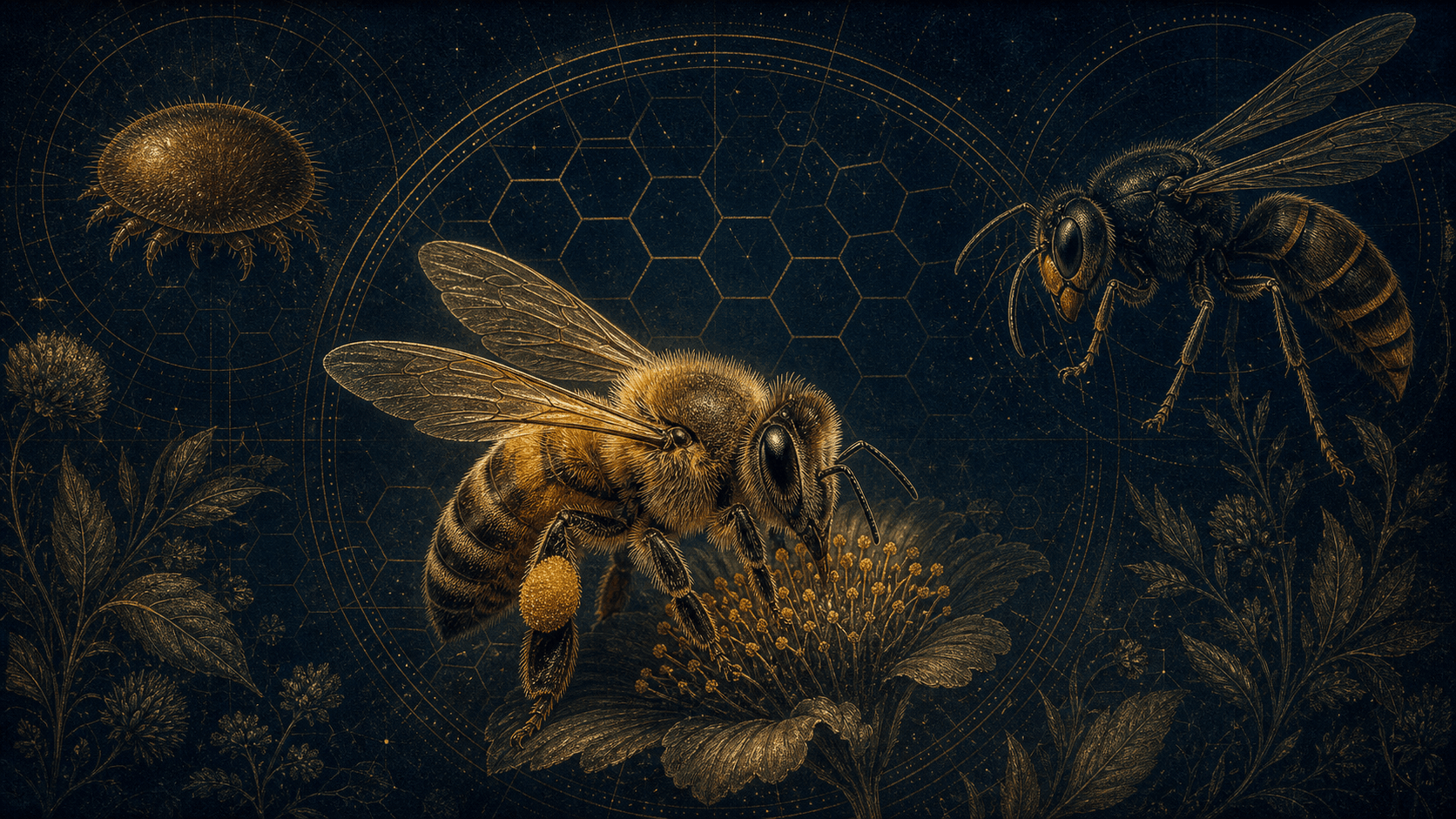 Illustration codex sobre des menaces : une abeille au premier plan, silhouettes scientifiques d'un acarien Varroa et d'un frelon asiatique en retrait.
