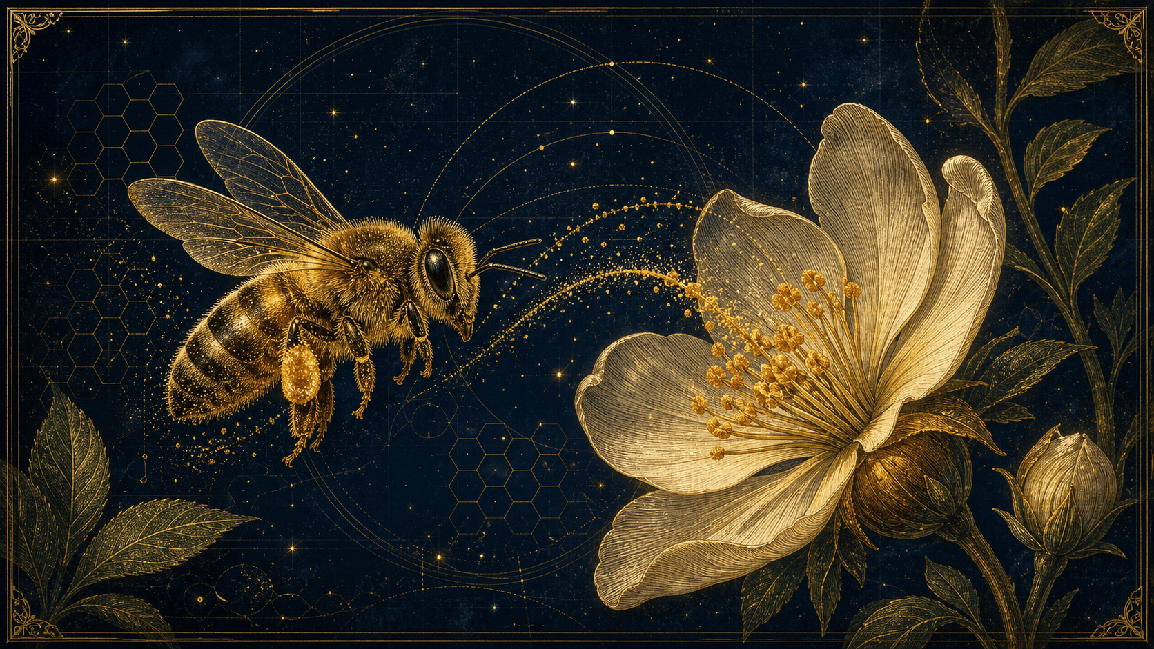 Illustration codex de la pollinisation : abeille en vol couverte de pollen approchant une fleur, arcs de transfert du pollen.