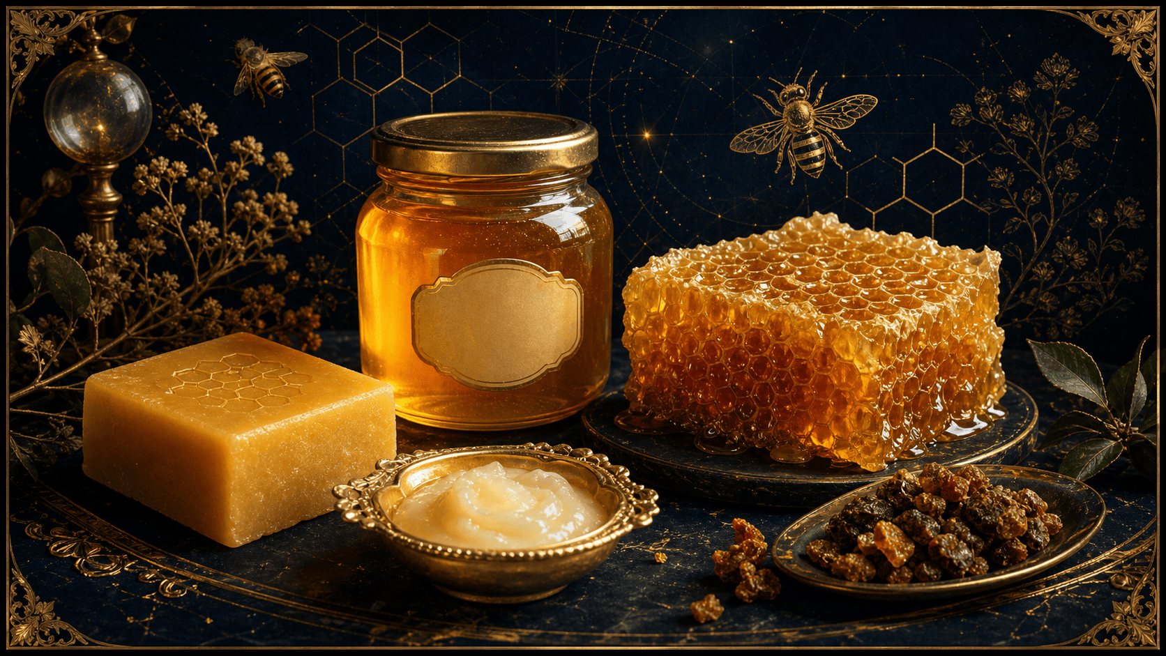 Nature morte codex des produits de la ruche : pot de miel doré, rayon de cire, propolis, gelée royale, bloc de cire.