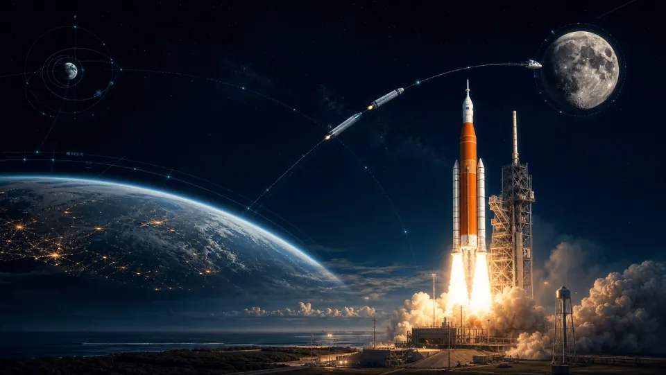Lancement du SLS Artemis II, avec la Terre et la Lune en arrière-plan