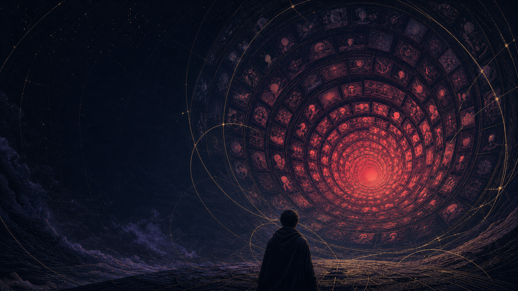 Une jeune silhouette face à un entonnoir spiralé d'écrans de plus en plus rouges : l'aspiration algorithmique de la manosphère