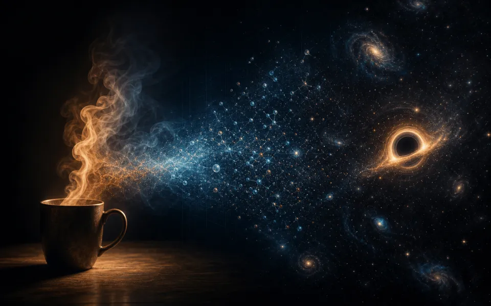 Une tasse de café chaud dont la vapeur se disperse en particules puis en galaxies et un trou noir : l'entropie à toutes les échelles