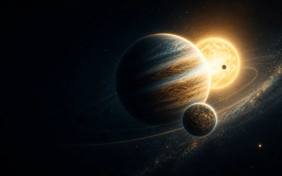 Un système exoplanétaire : une géante gazeuse en transit devant son étoile, un monde rocheux et des anneaux de lumière