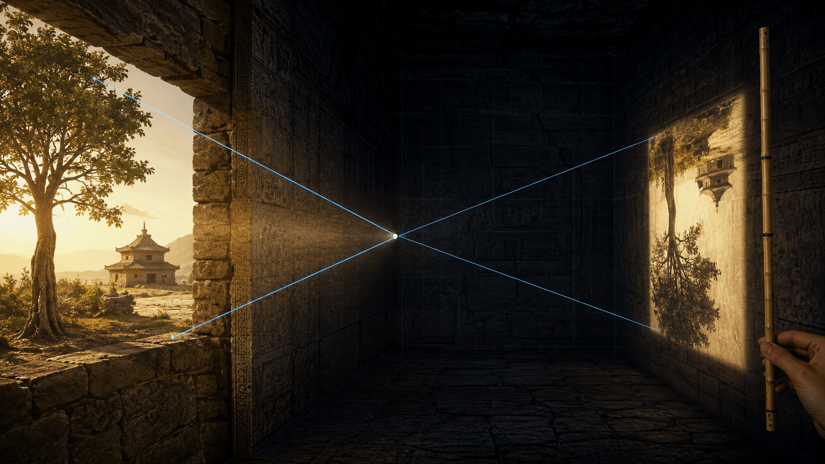 Une pièce de pierre obscure percée d'un petit trou par lequel entre un cône de lumière dorée ; sur le mur opposé se projette l'image renversée du paysage extérieur, et de fines lignes de rayons se croisent exactement au niveau du trou.