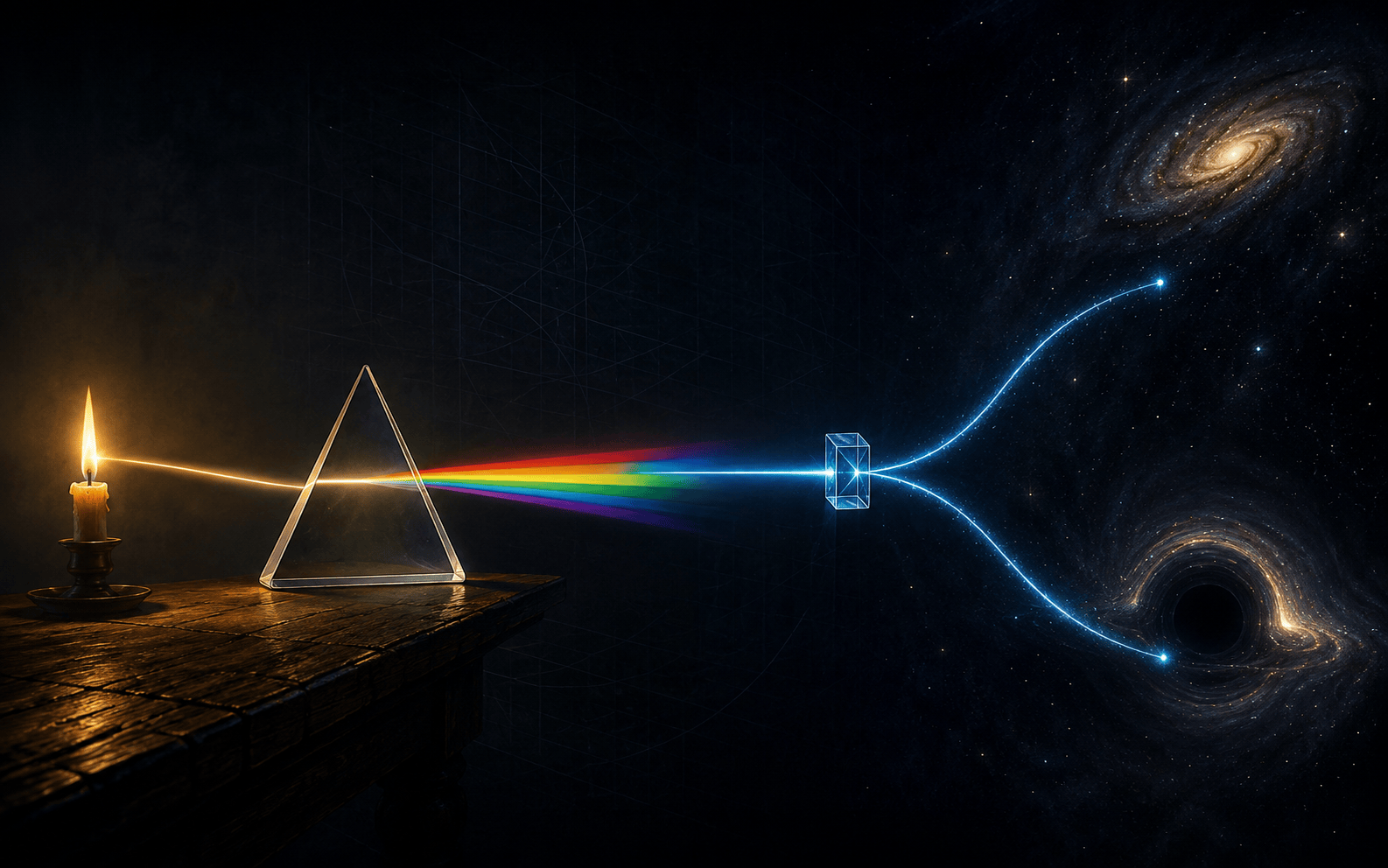 Une bougie éclaire un prisme qui disperse sa lumière en spectre ; le faisceau traverse un cristal et se sépare vers une galaxie et un trou noir.