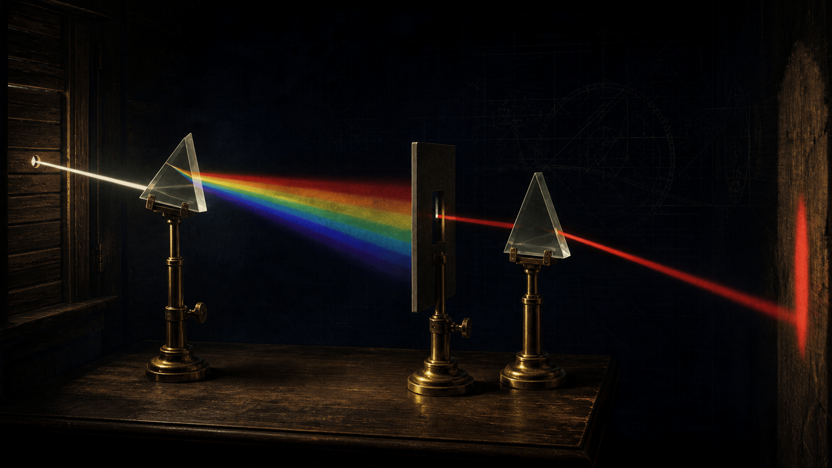 Reconstitution de l'experimentum crucis : un mince faisceau de lumière solaire entre par un trou du volet, traverse un premier prisme et s'étale en un long spectre ; un écran percé d'une fente n'en laisse passer que le rouge, qu'un second prisme dévie sans le décomposer davantage.