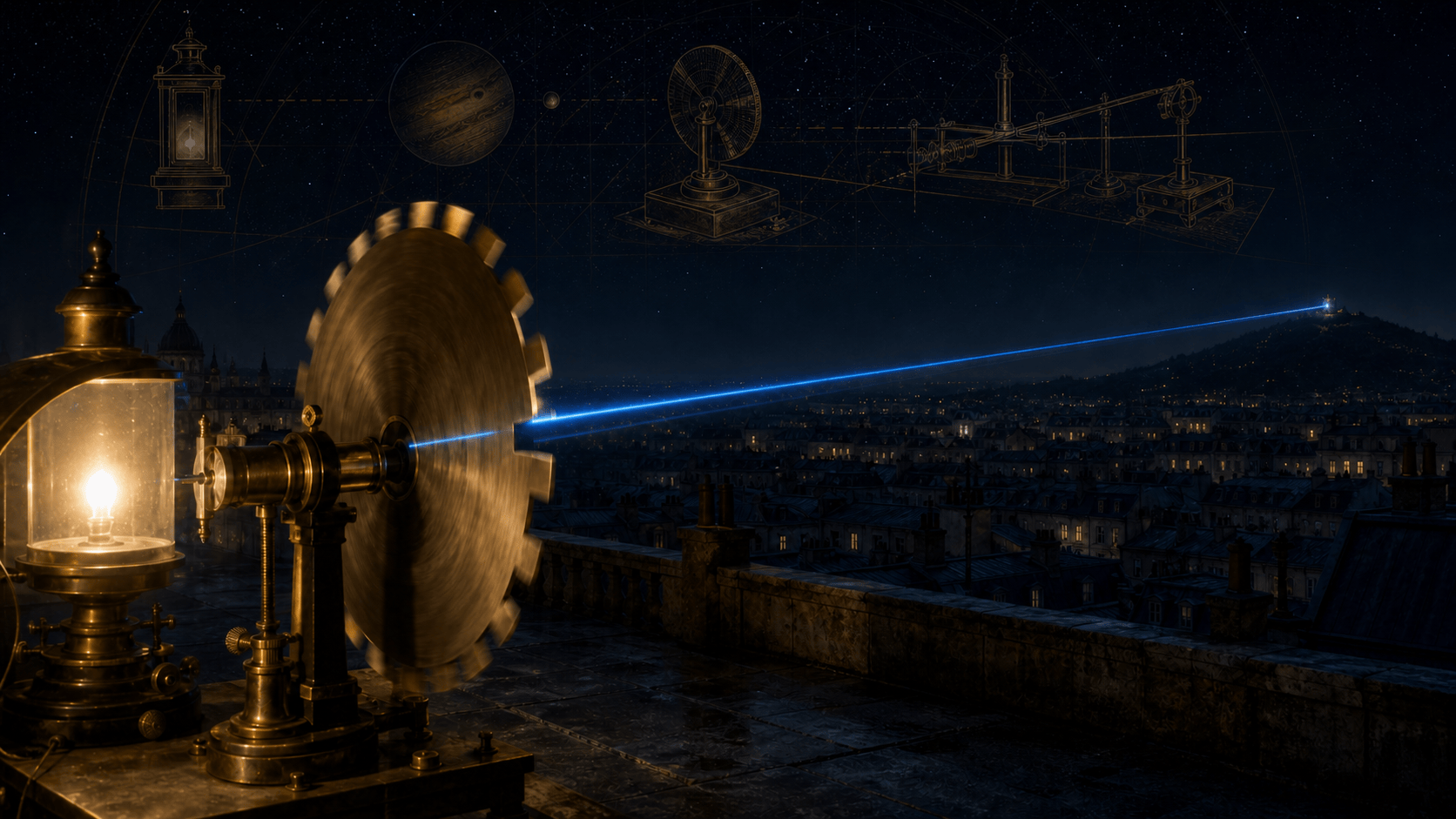 Scène nocturne de l'expérience de Fizeau en 1849 : sur un toit parisien, une roue dentée de laiton tourne à côté d'une lentille et d'une lampe ; un faisceau azur part vers une colline lointaine où scintille un petit miroir, et le faisceau de retour est tracé plus faiblement.