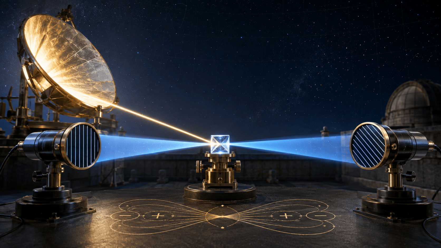 Sur un toit, un concentrateur solaire parabolique focalise la lumière du Soleil en un faisceau doré qui entre dans un petit cristal non linéaire ; du cristal sortent deux faibles cônes azur de paires de photons vers deux détecteurs lointains munis de polariseurs orientés différemment, et un diagramme gravé de résultats corrélés ±1 luit entre eux.