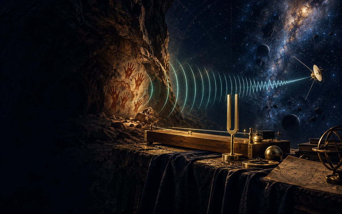 Des fronts d'onde lumineux quittent une grotte ornée de mains rouges, passent au-dessus d'un monocorde et d'un diapason de laiton, deviennent une trace d'oscilloscope et rejoignent une sonde spatiale dans l'espace interstellaire