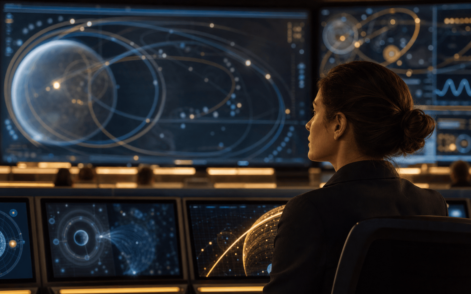 Ingénieure en salle de contrôle de mission, face aux écrans de trajectoire