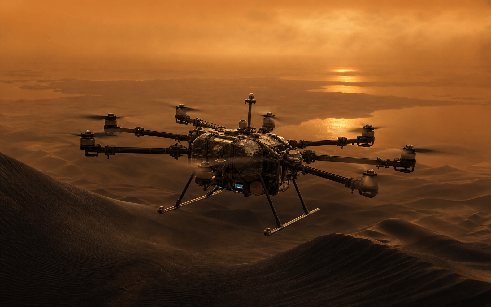 Le rotorcraft Dragonfly en vol au-dessus des dunes de Titan