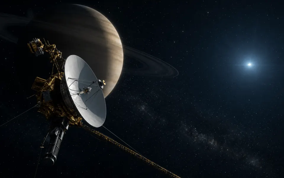 Une sonde interplanétaire de type Voyager dérivant dans l'espace profond, antenne tournée vers un Soleil lointain, planète géante annelée en arrière-plan