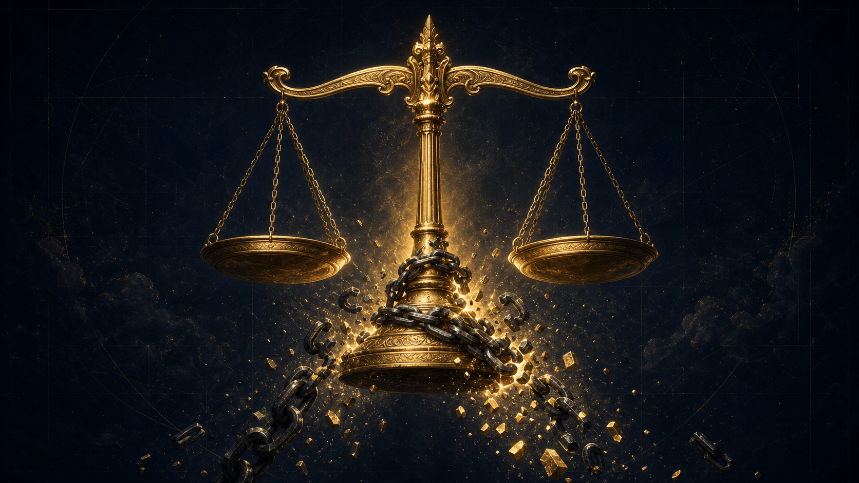 Une balance de justice dorée dont le socle, enchaîné, se brise en éclats de lumière
