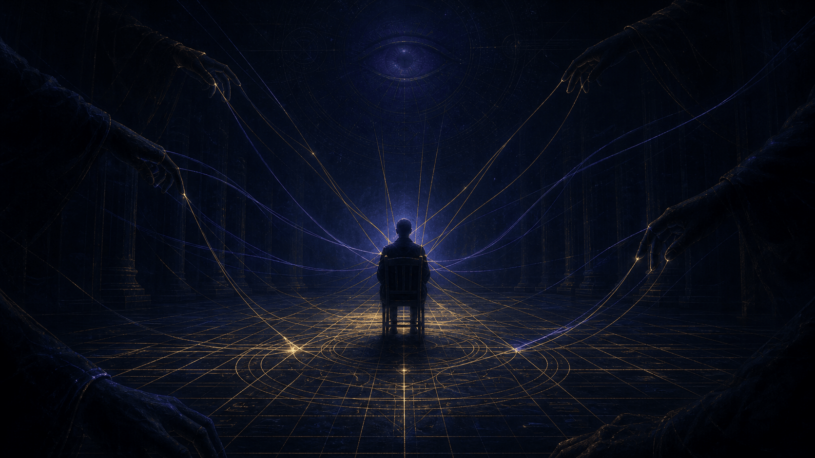 Une silhouette assise au centre d'une salle sombre, entourée de fils dorés et indigo tendus depuis l'ombre : la mécanique de l'emprise