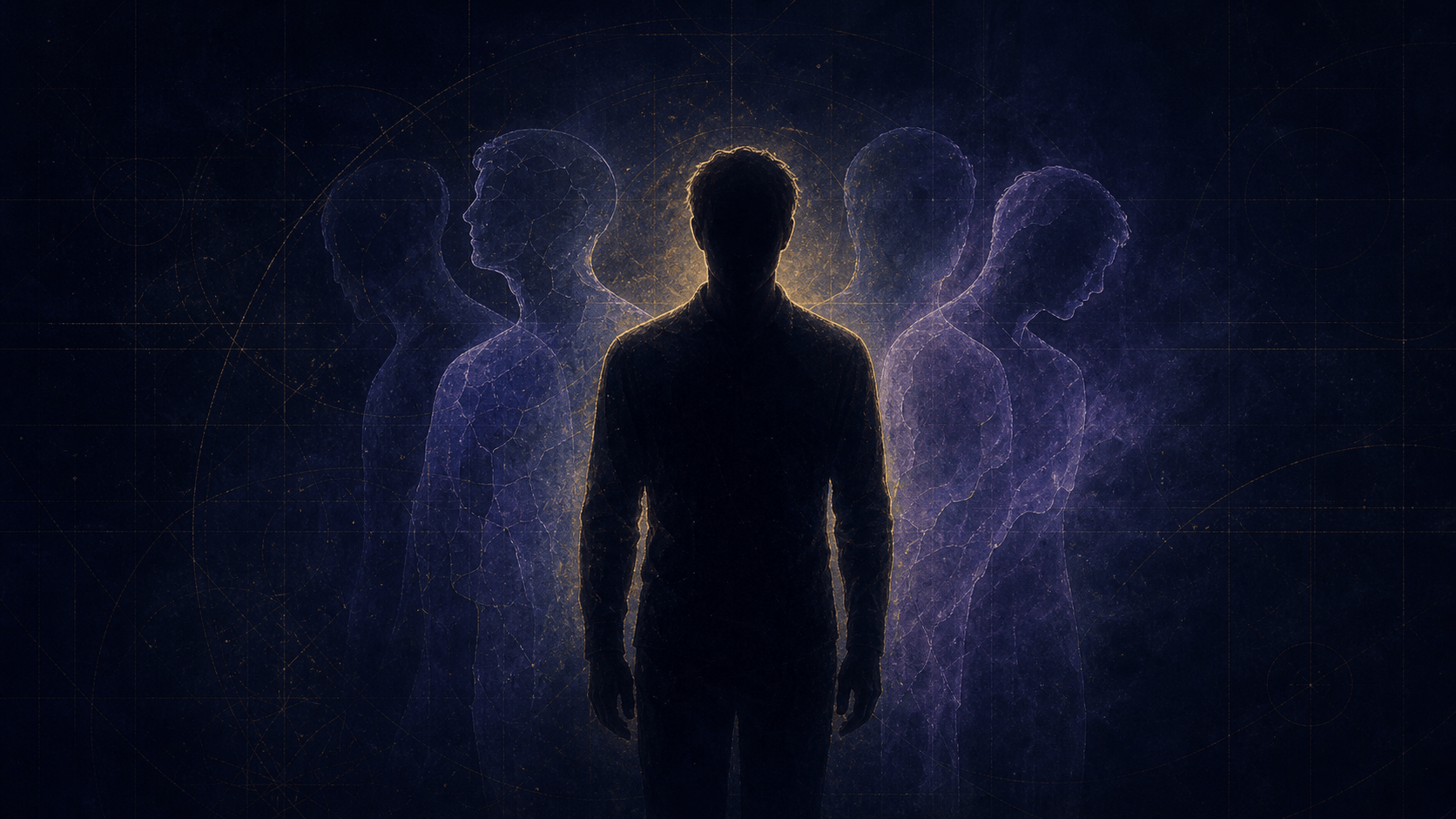 Une silhouette dont se détachent des échos translucides d'elle-même, dérivant dans l'obscurité : métaphore de la dissociation