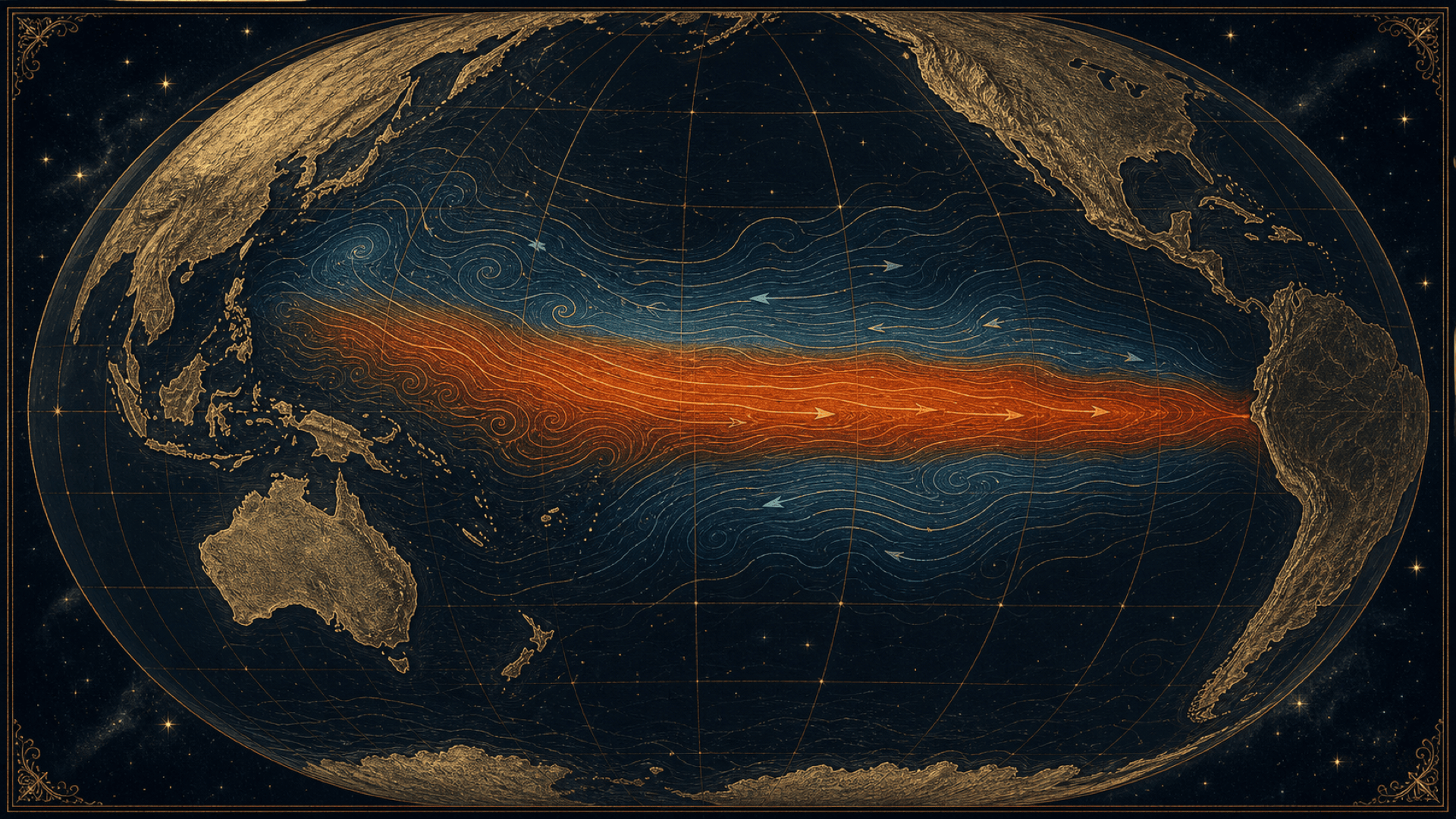 Globe schématique centré sur le Pacifique équatorial illustrant ENSO : une langue d'eau chaude orange (El Niño) opposée à une langue d'eau froide bleue (La Niña), en courants océaniques gravés.
