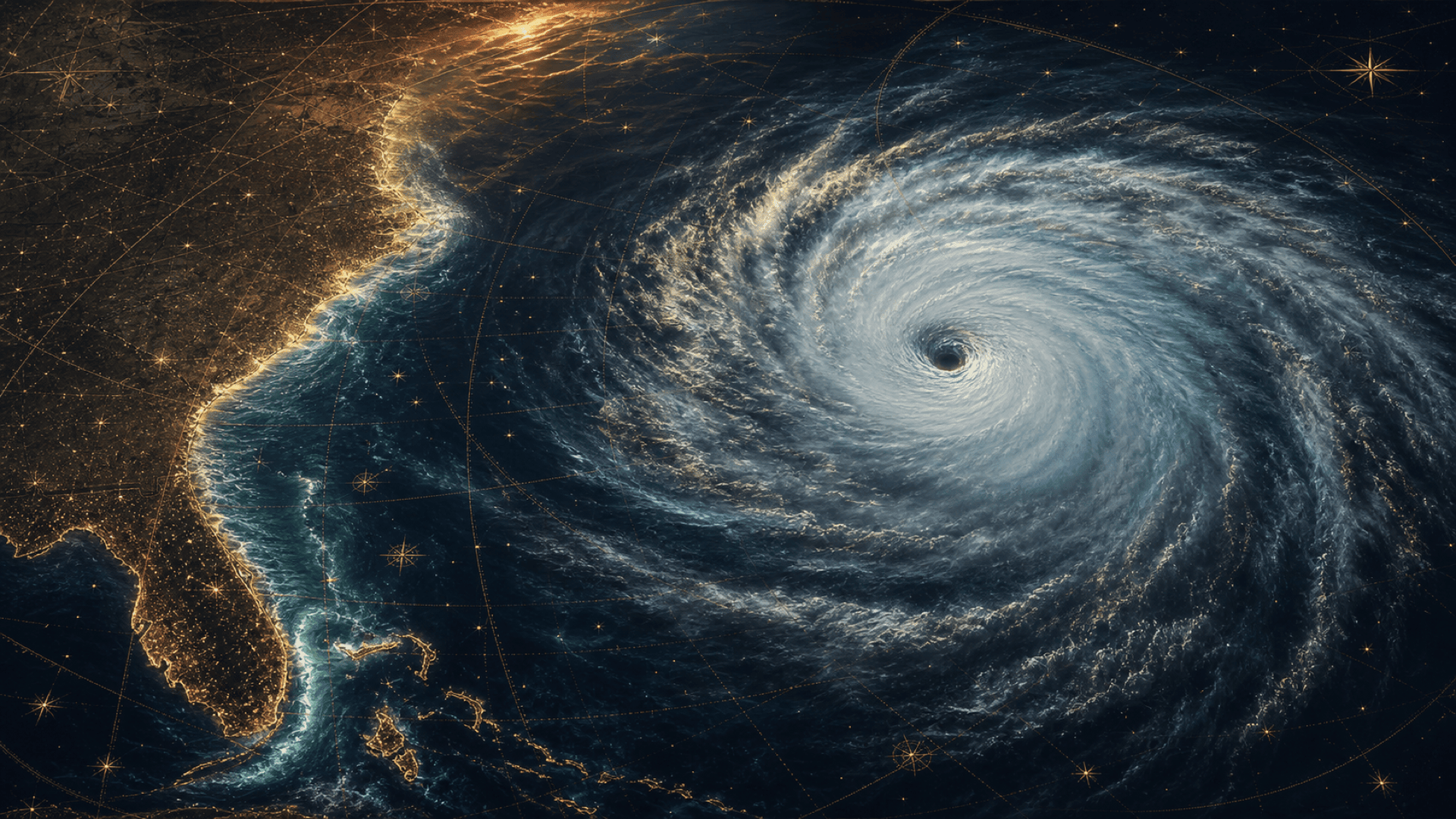 Un grand ouragan atlantique en approche d'une côte, rendu comme une carte ancienne fusionnée avec une vue satellite : spirale, œil dégagé, onde de tempête le long du rivage.
