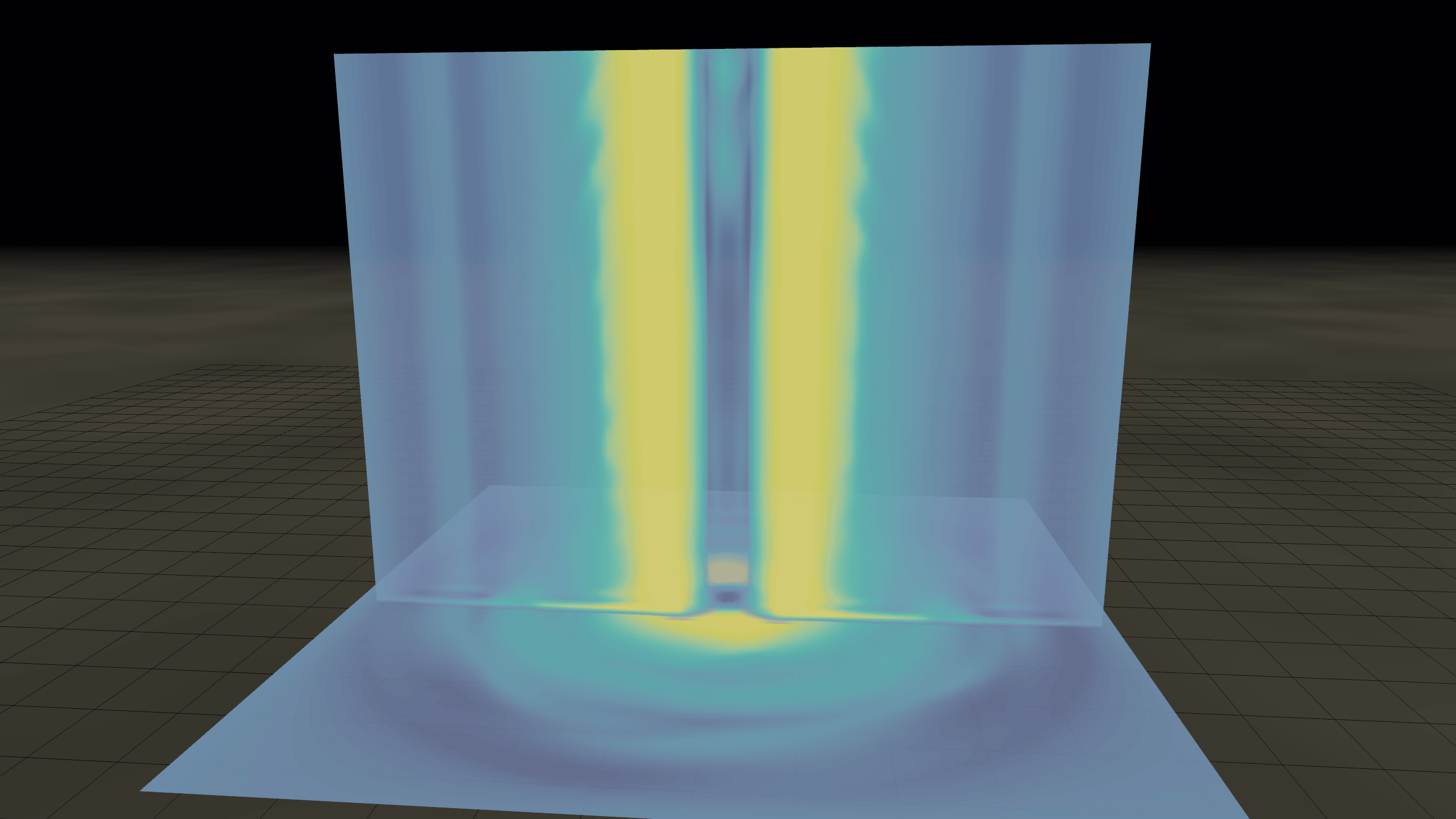 Capture réelle de la simulation : le preset |V| + LIC, la norme du vent superposée à un grain suivant la direction de l'écoulement — jumelle visuelle d'un radar Doppler.