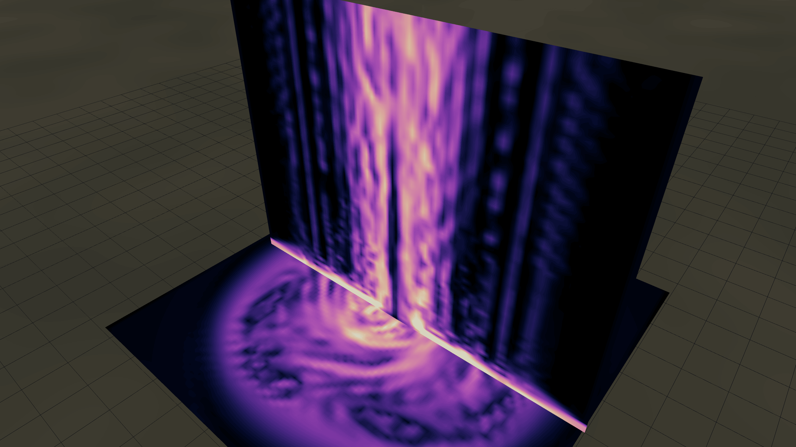 Capture réelle de la simulation à S = 1.2 : le tube central éclaté en plusieurs sous-tourbillons (suction vortices) arrangés en spirale autour de l'axe.