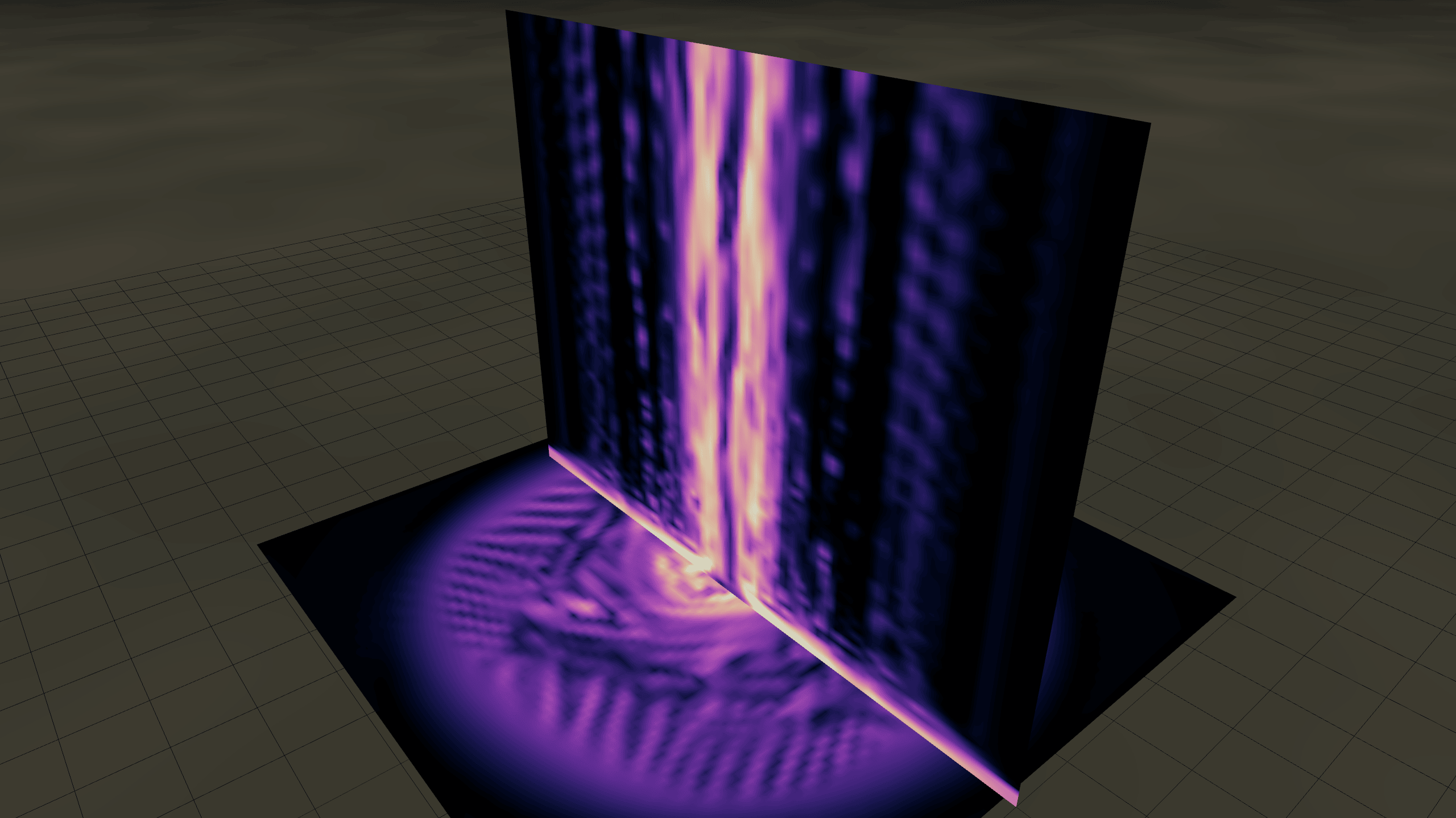 Capture réelle de la simulation : le tube de vorticité, trois enveloppes imbriquées (bleu à l'extérieur, orange au cœur) le long de l'axe de la tornade.