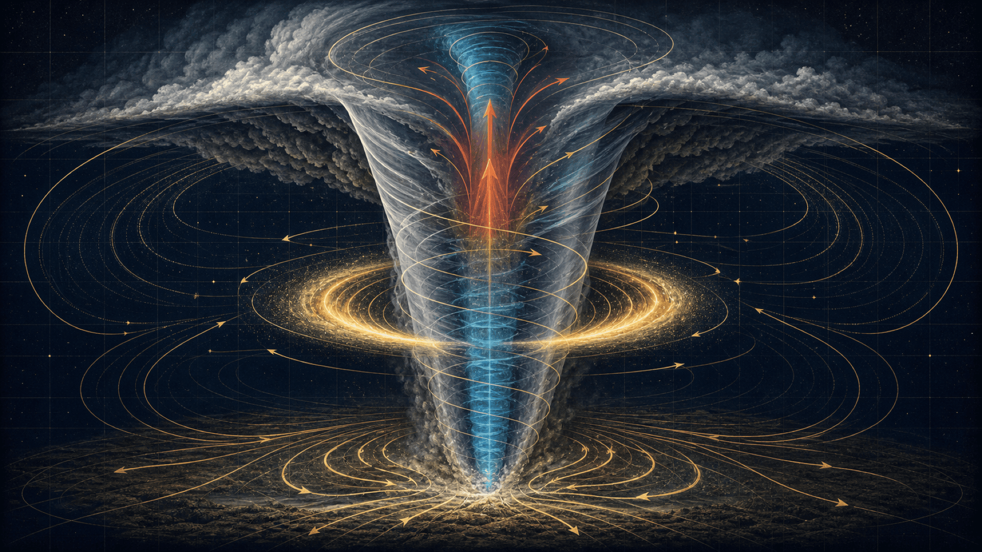 Schéma codex de l'anatomie d'une tornade : funnel de condensation, anneau de vent maximum, cœur de basse pression, afflux au sol et courant ascendant central.