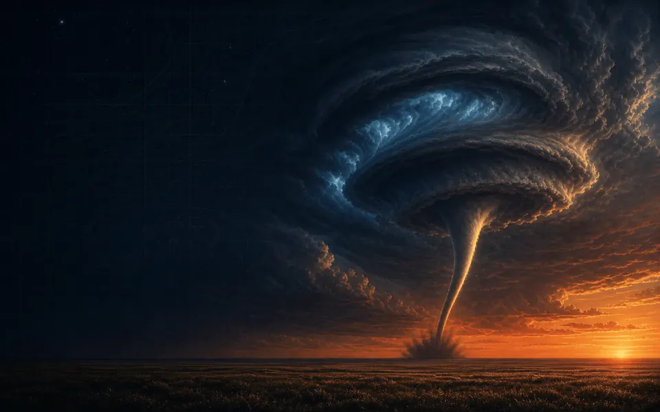 Une tornade descend d'un orage supercellulaire au crépuscule, ciel de nuit et soleil d'or — tornades, typhons et ouragans