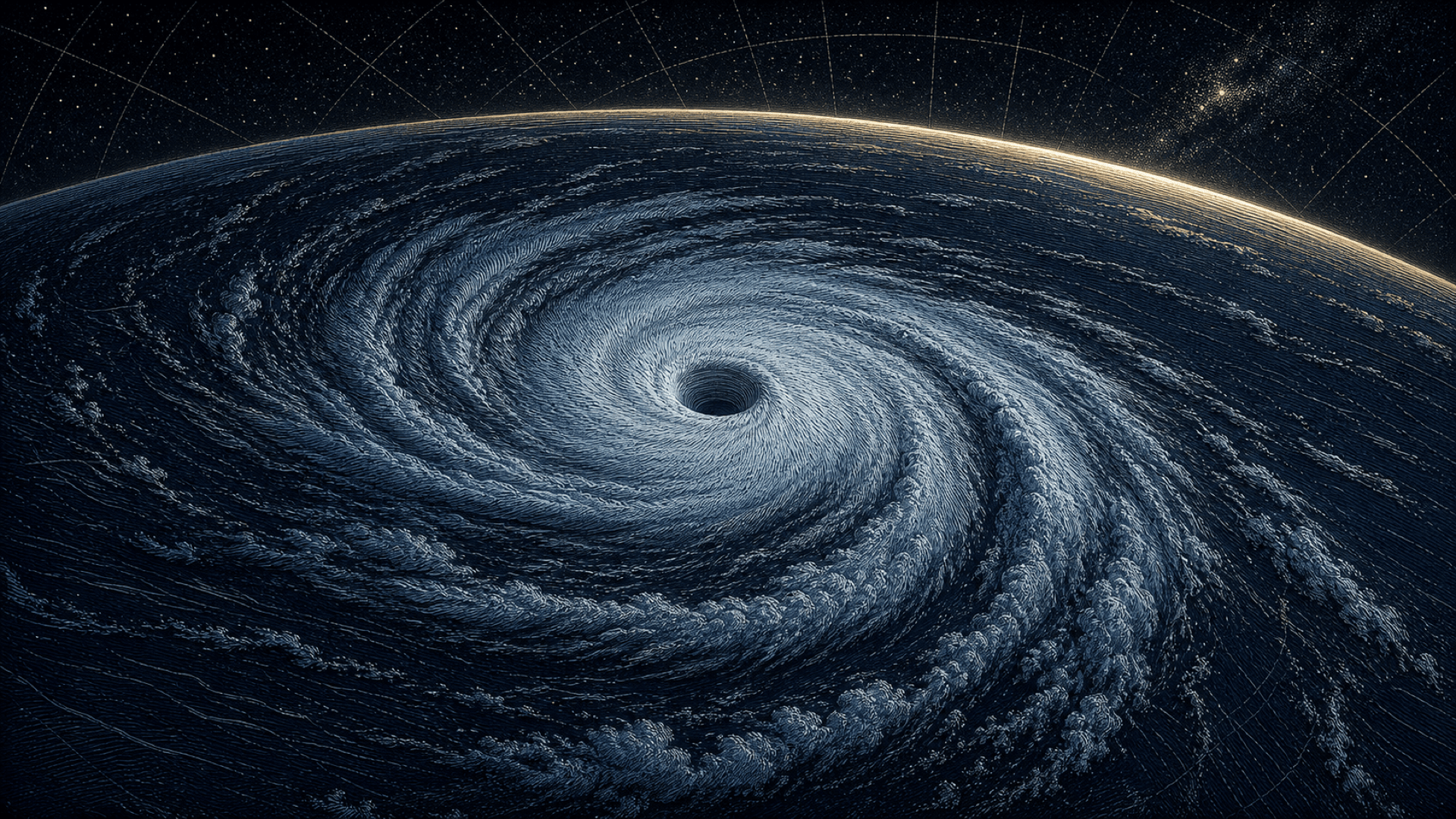Super-typhon vu de l'orbite : un vaste tourbillon de bandes nuageuses avec un œil circulaire dégagé au centre, sur un océan sombre.