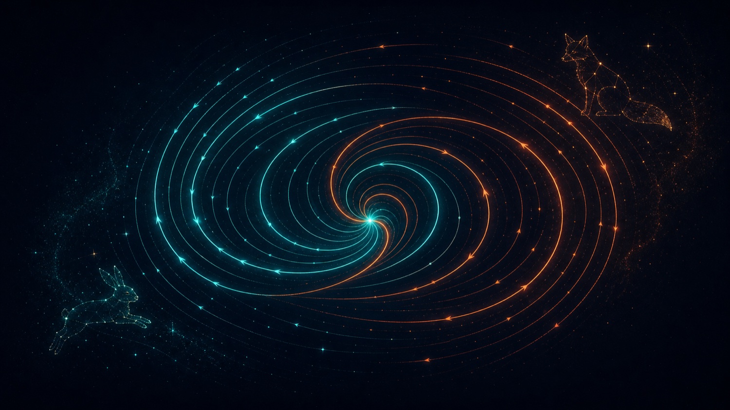 Espace des phases prédateur-proie : des trajectoires en spirale entre constellations de renard et de lapin