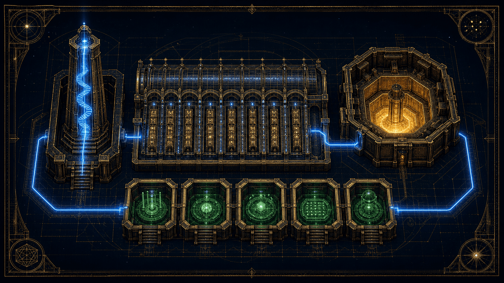 Plan architectural gravé d'une machine de von Neumann : une tour à gauche, une nef de cellules au centre, une forge octogonale à droite, cinq annexes en bas, reliées par un circuit lumineux.