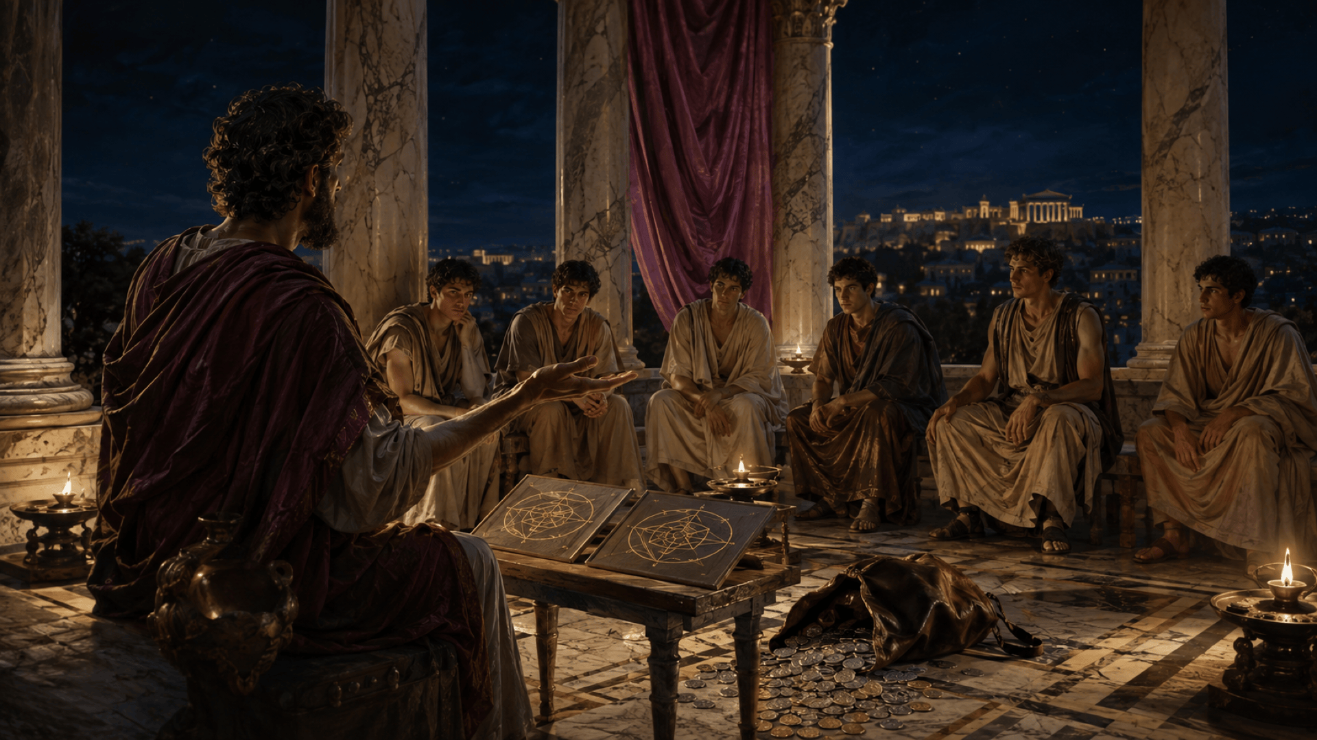 Un sophiste itinérant enseignant sous un portique de marbre, la nuit, devant un petit cercle de jeunes gens