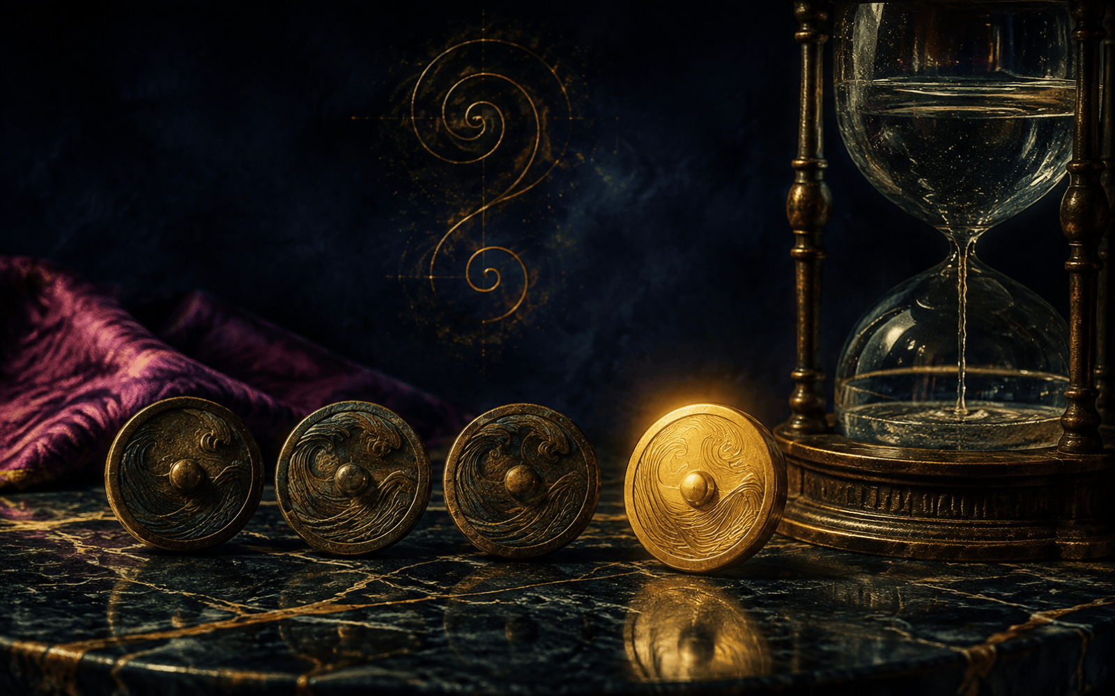 Quatre jetons de vote en bronze sur du marbre sombre, trois ternis et un doré, près d'une horloge à eau