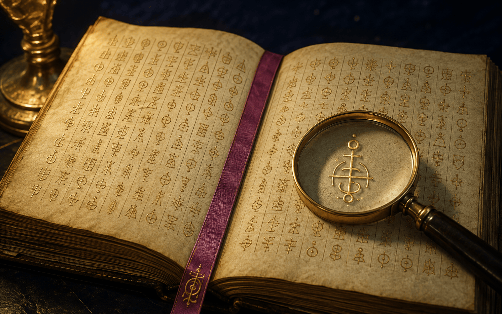 Un codex ouvert dont chaque page porte une grille de glyphes dorés, un ruban de soie pourpre et une loupe posée sur un glyphe