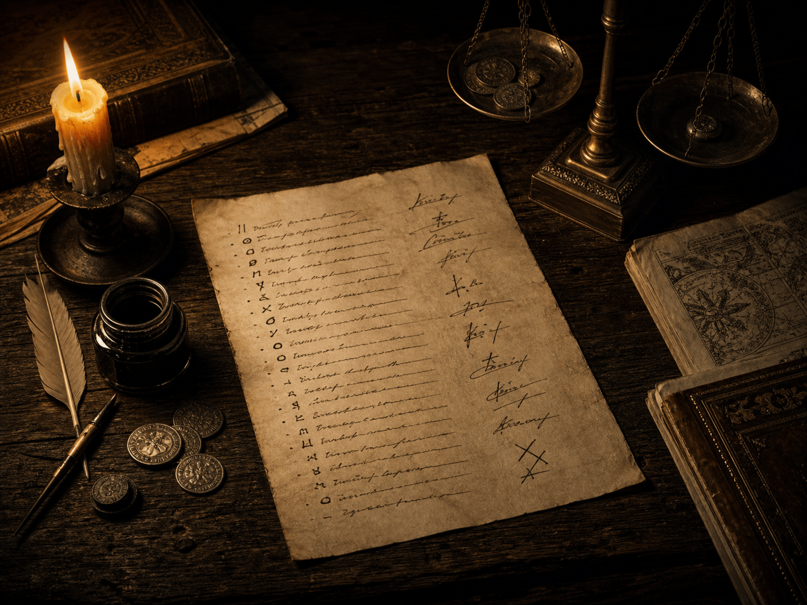 Nature morte en clair-obscur : un document manuscrit couvert d'articles numérotés et d'une colonne de signatures et de croix, un encrier, une plume, des pièces d'argent et une balance de changeur.