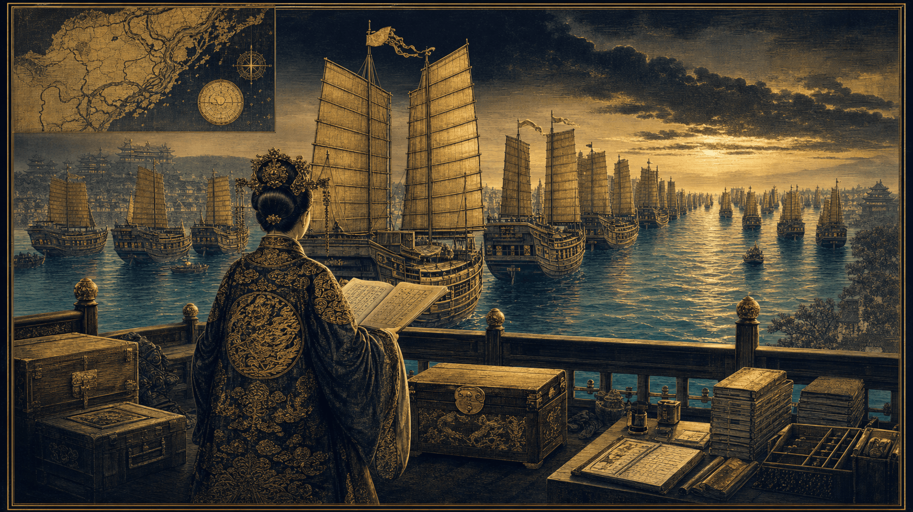 Une flotte de jonques à voiles lattées au crépuscule, ordonnée jusqu'à l'horizon ; au premier plan, sur la jonque de commandement, une silhouette féminine tenant un registre ouvert.