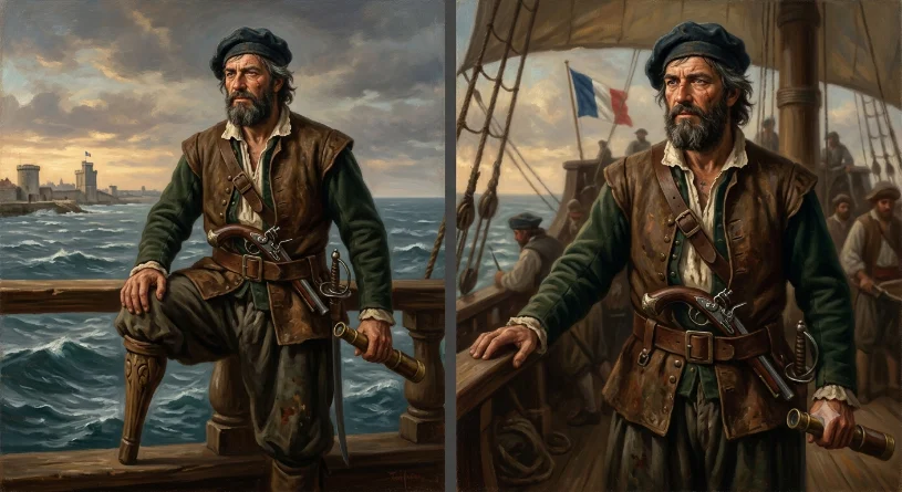 Diptyque éditorial de François Le Clerc sur le pont d'un navire, avec sa jambe de bois visible.