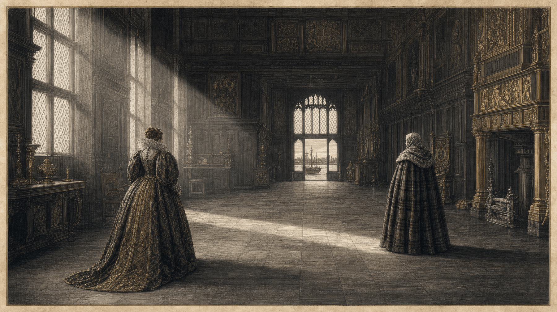 Grande salle de palais Tudor : deux silhouettes féminines debout se faisant face à distance, l'une en robe de cour élisabéthaine, l'autre en manteau de chef de clan gaélique.