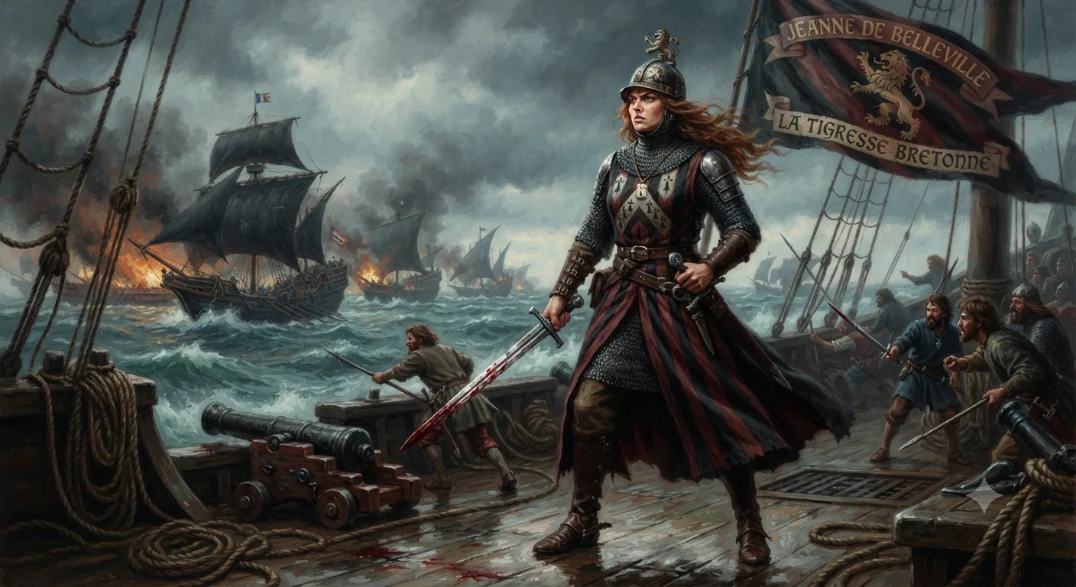 Illustration éditoriale de Jeanne de Belleville sur le pont d'un navire au milieu d'une bataille navale.